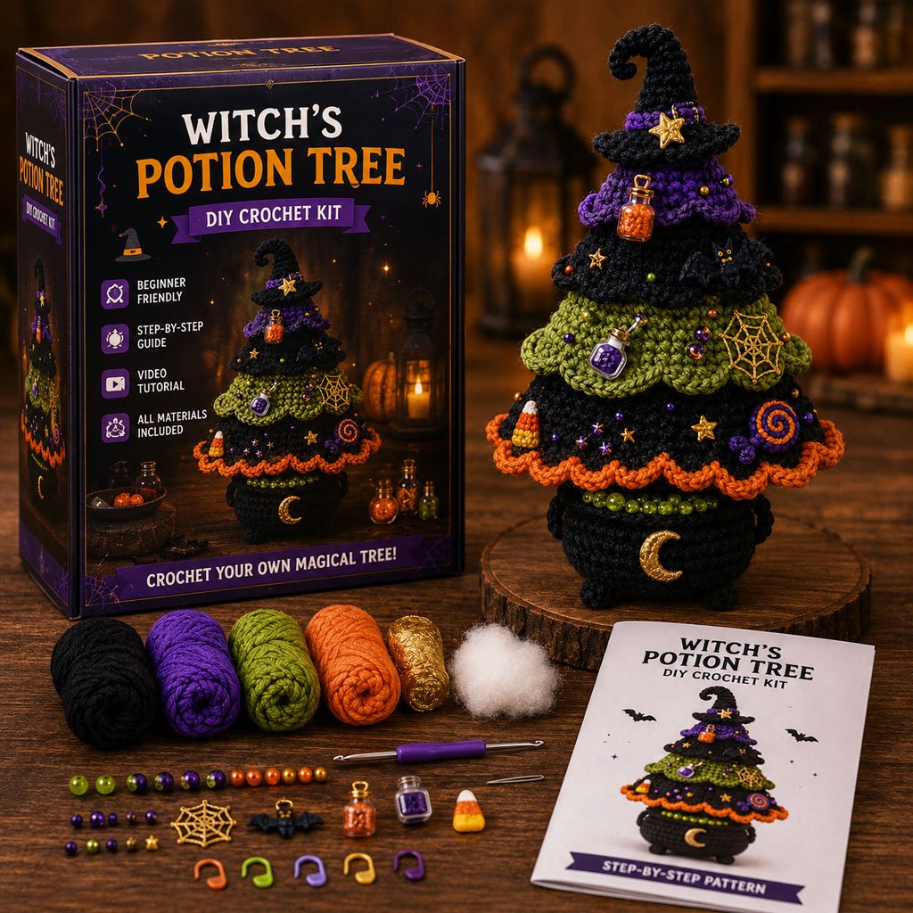 🎃 Halloween Tree DIY Crochet Kit | All-In-One Kit for a Layered 7-Inch Spooky Tabletop Decoration 🧶👻✨