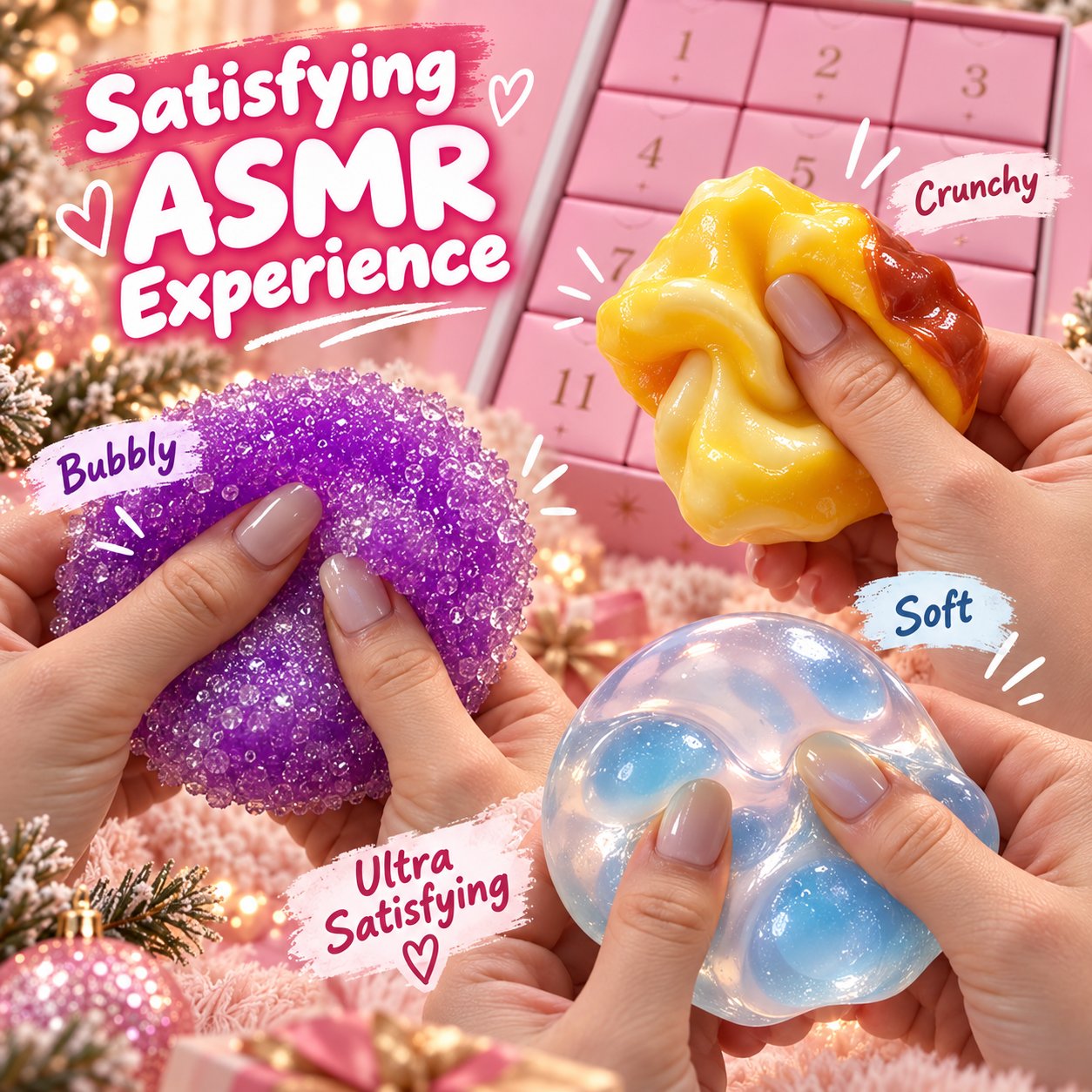 Close-up of different Christmas squishies being squeezed by hand, showing bubbly, soft and stretchy textures.