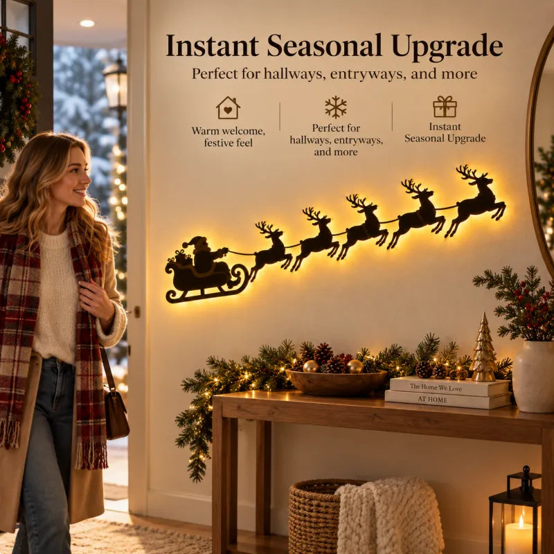 LED Christmas Santa Sleigh Wall Art, Illuminated Reindeer Silhouette Metal Sign, Warm Backlit Holiday Wall Decor