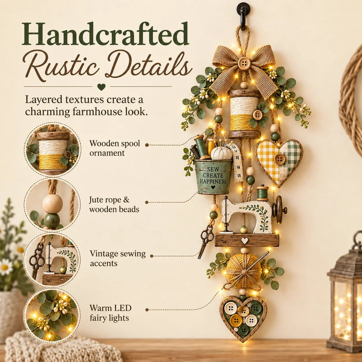 🔥🧵✨ Rustic Wooden Sewing - Themed Hanging Ornament with Remote Control Fairy Lights