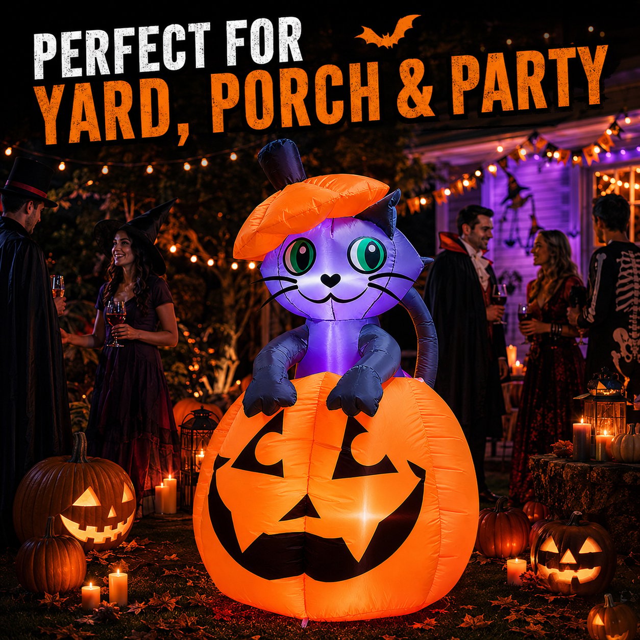 Giant Halloween Pumpkin Cat Inflatable Yard Decoration