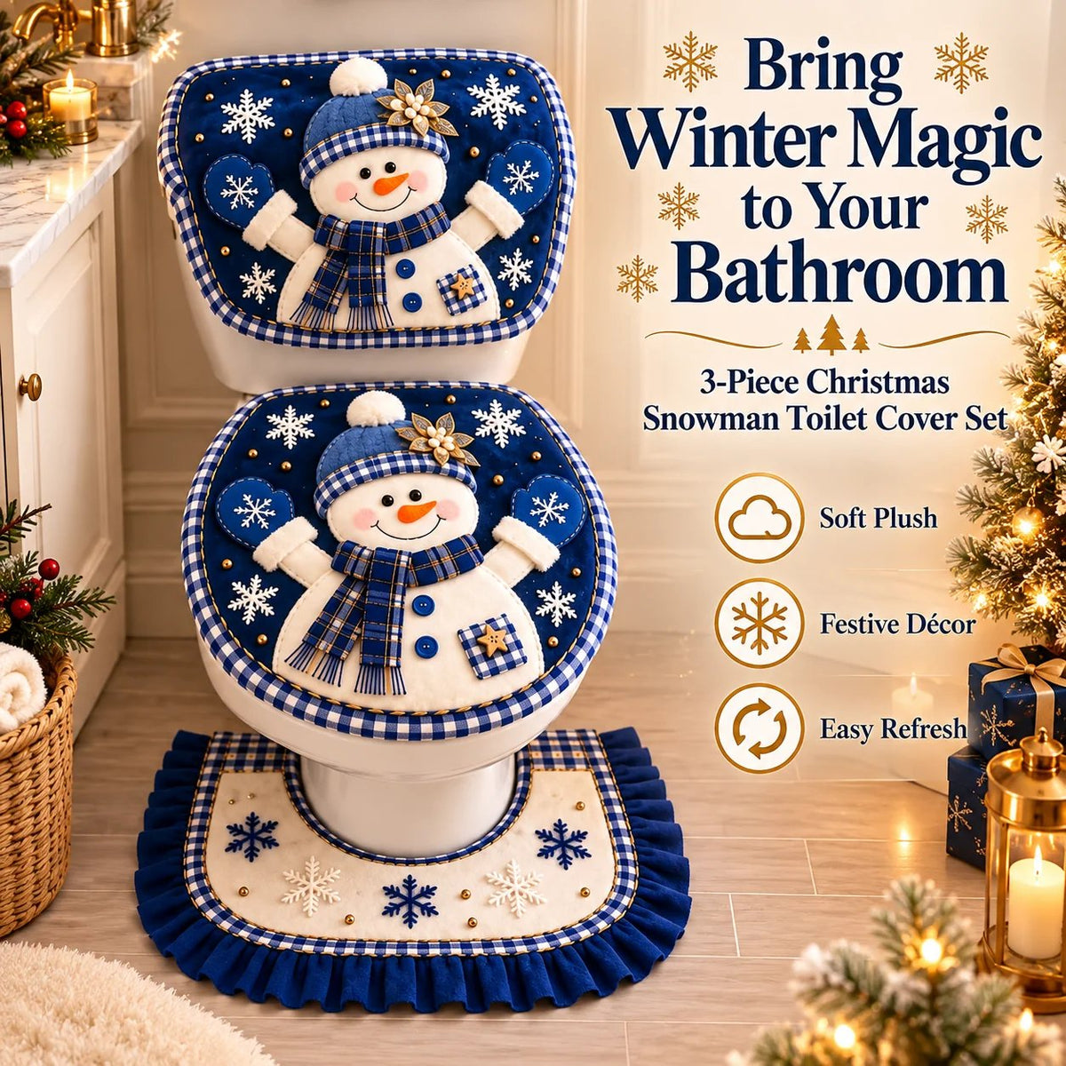 🎉3-Piece Christmas Snowman Toilet Cover Set – Cozy Winter Bathroom Decor