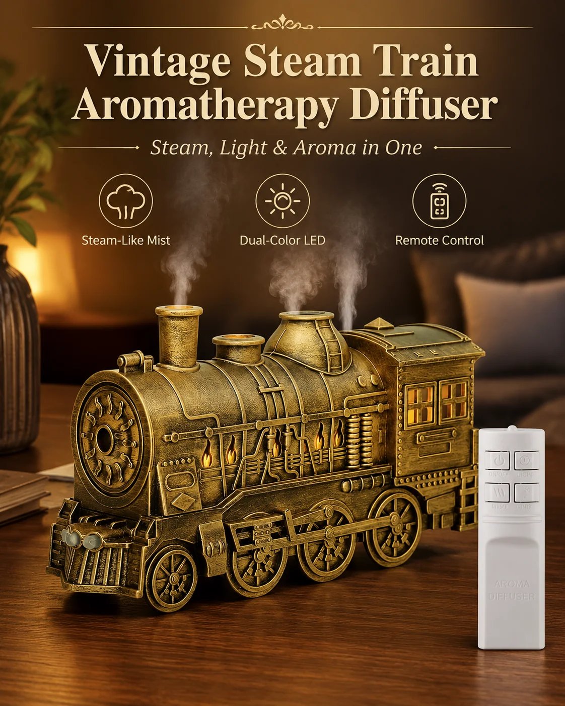 🔥Limited-Time Sale | Vintage Steam Train Humidifier – 300ML Aromatherapy Diffuser with LED Light
