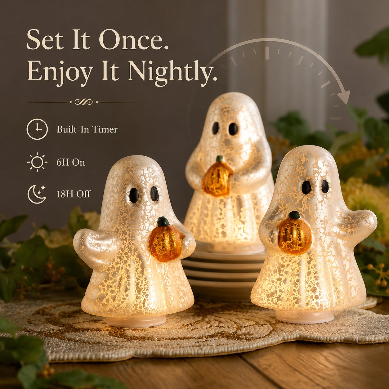 👻 Set of 3 Illuminated Mercury Glass Ghosts-Turn Any Corner Into A Charming Halloween Scene