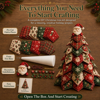 🎄 DIY Quilted Christmas Tree Kit | Layered 3D Tabletop Craft with Pre-Cut Festive Fabrics, Foam Base & Easy Instructions 🧵✨