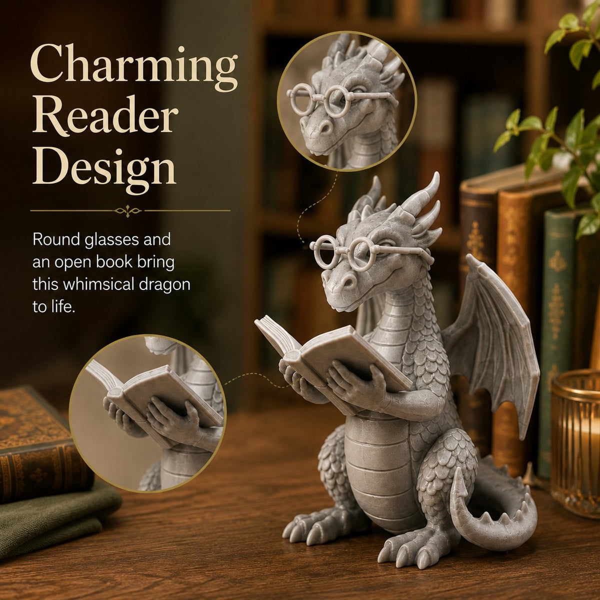 🐉 Reading Dragon Book Light Decoration, 12 cm Fantasy Dragon Figurine