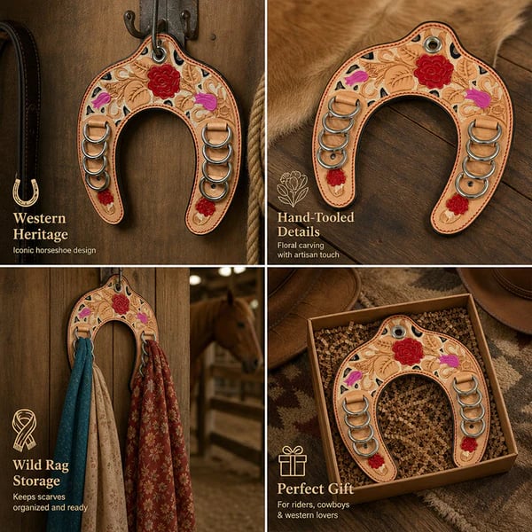 🔥LAST DAY 50% OFF - 🤠Handcrafted Leather Horseshoe Wild Rag Holder | Western Scarf & Bandana Organizer