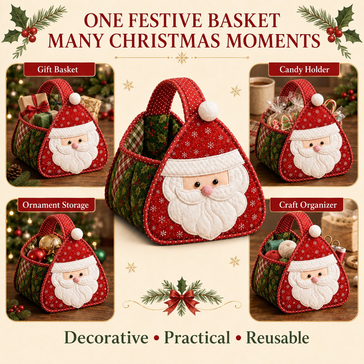 ⏳ Last Day 49% OFF – 🎄 Christmas Character Quilted Carry Basket🎁✨