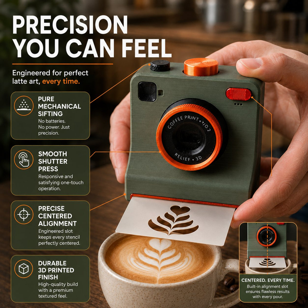 Precision mechanical latte art camera details