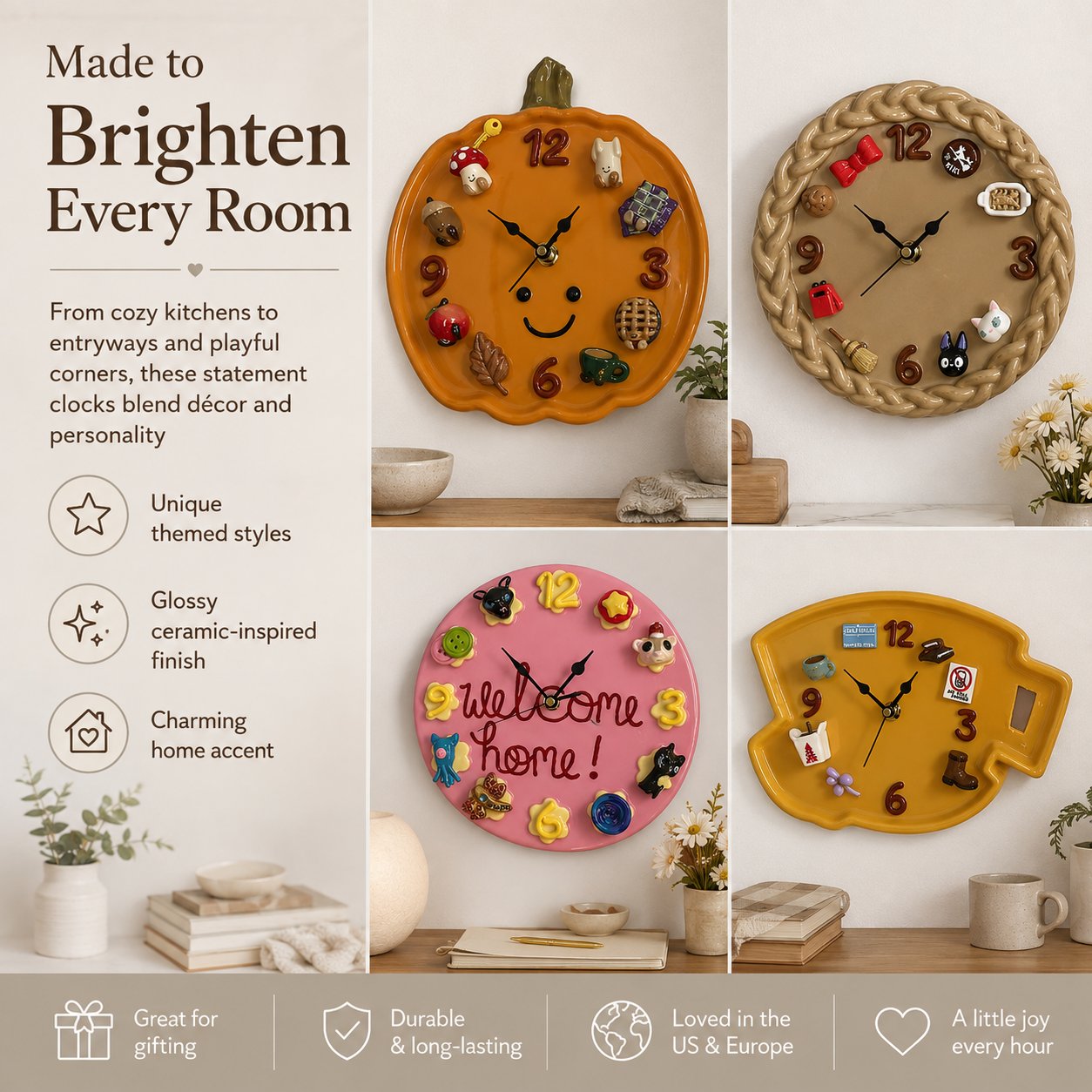 🎃 Cozy Harvest Pumpkin Clock | Semi-Handcrafted 3D Autumn Details, Rearrangeable Charms & Cord-Free Tabletop Display 🍂✨