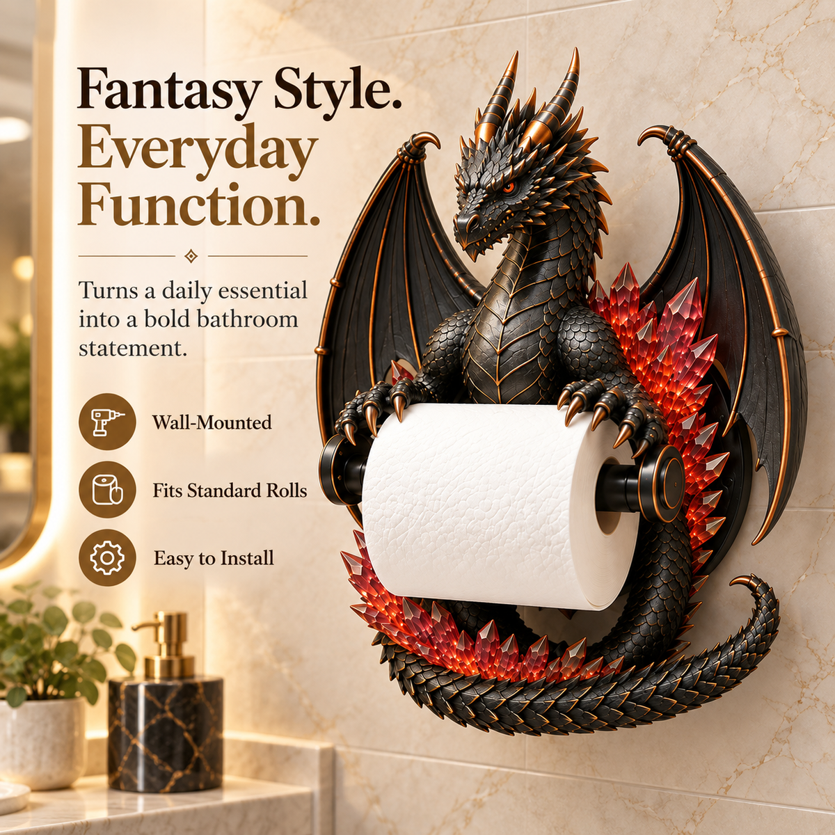 Dragon Toilet Paper Holder – Gothic Fantasy Wall-Mounted Bathroom Decor 🐉
