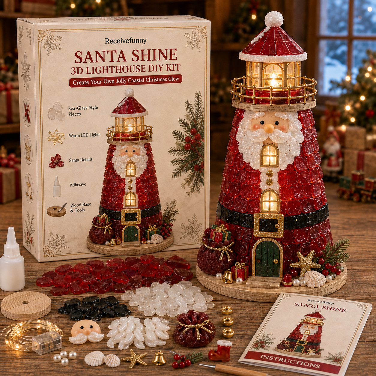 🎄Beginner-Friendly DIY Lighted Christmas Character Sea Glass-Style Lighthouse Kit Collection | Complete Kit with Sea Glass-Style Pieces, LED Lights & Step-by-Step Guide Included 💕
