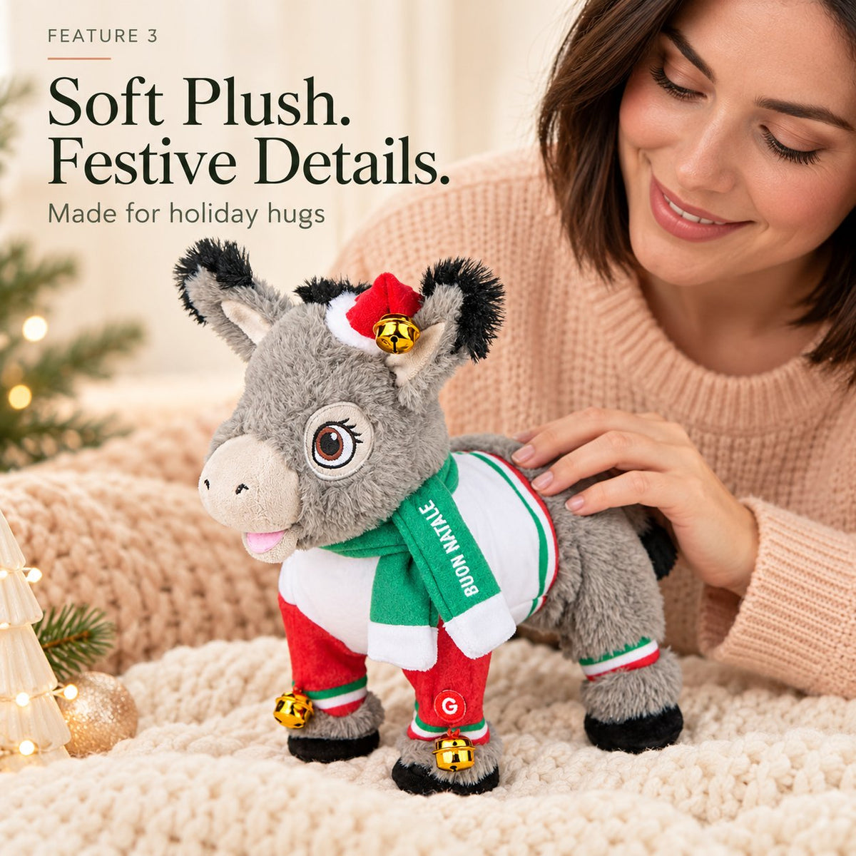 🎵 Musical Dominic the Donkey Christmas Plush, Battery Powered Animated Decor Gift