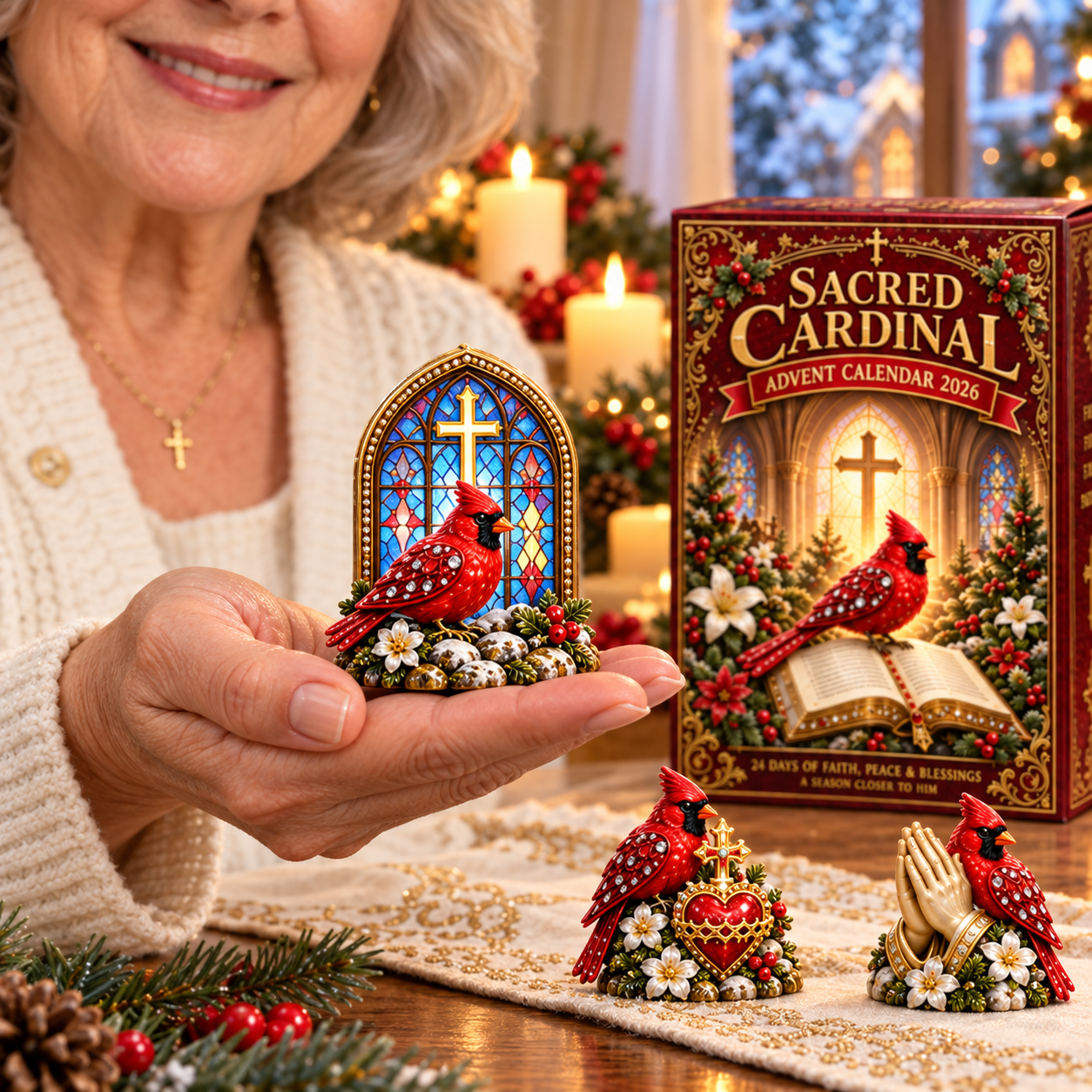 Hand holding a detailed red cardinal and stained glass figurine