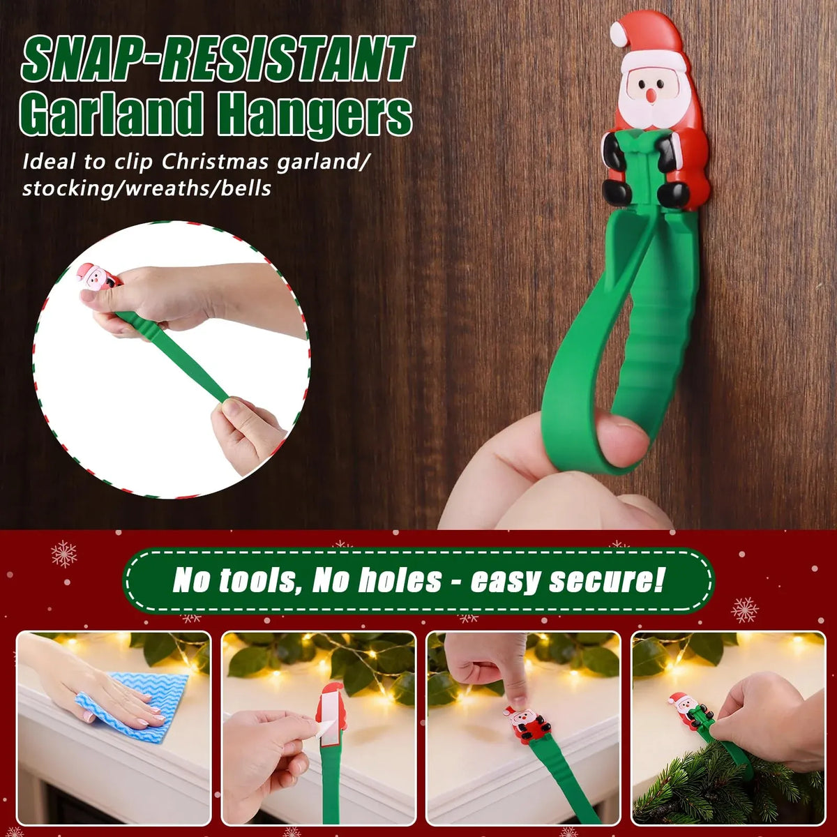 ⏳ Last Day 49% OFF – 🎄No-Drill Christmas Garland Hangers | 12 Santa Adhesive Hooks Holding Up To 5 lbs For Stockings, Wreaths & Holiday Decorations 🎅
