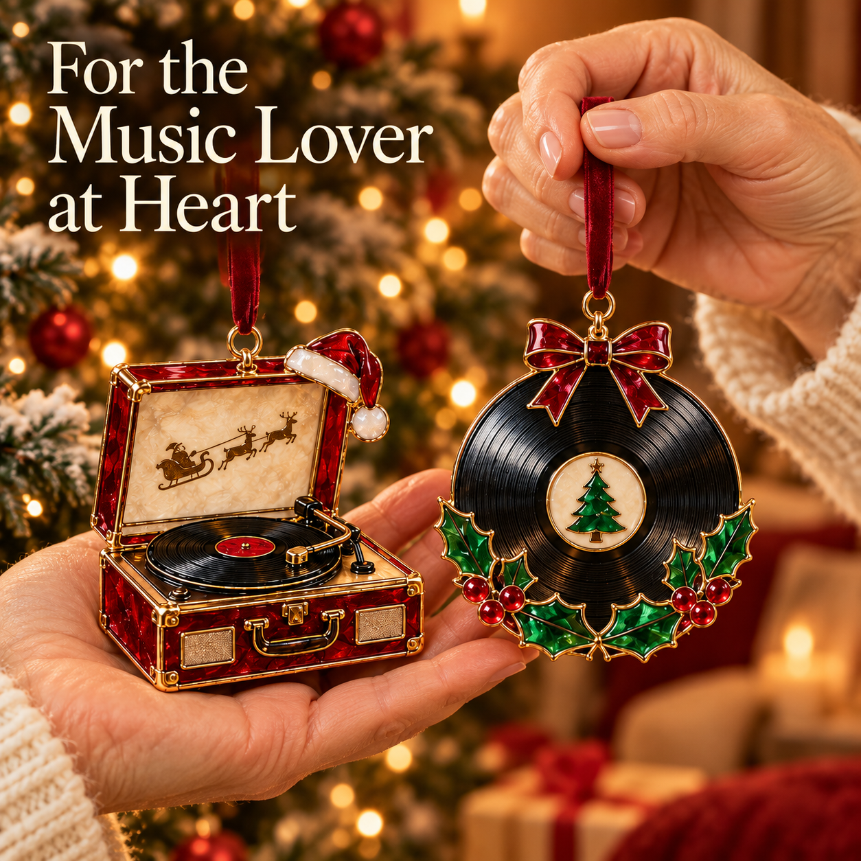 Vintage record player and Christmas vinyl ornaments in hands