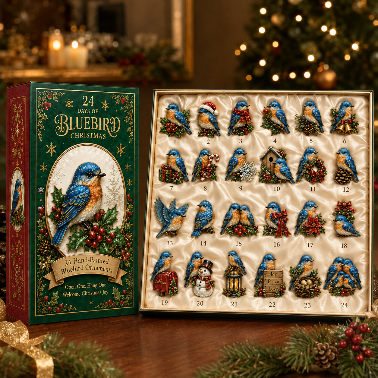24-Day Bluebird Advent Calendar | Hand-Painted Ornament Countdown Gift