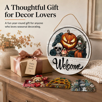⏳ Last Day 49% OFF – 🏡 Interchangeable Seasonal Welcome Door Sign | 12 in Woodgrain-Style Base with Magnetic 3D Toppers for Holidays, Seasons & Celebrations ✨