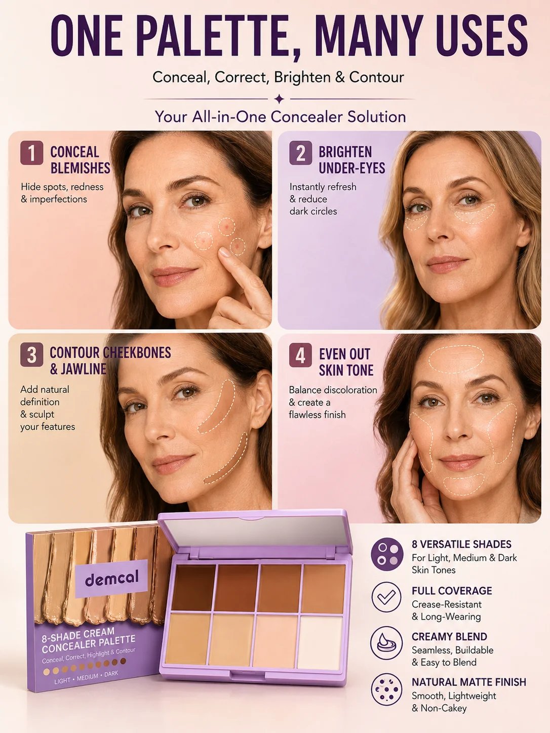 💄 Beauty Must-Have ✨ 8-Color Cream Concealer Palette for Full Coverage, Color Correction & Contouring