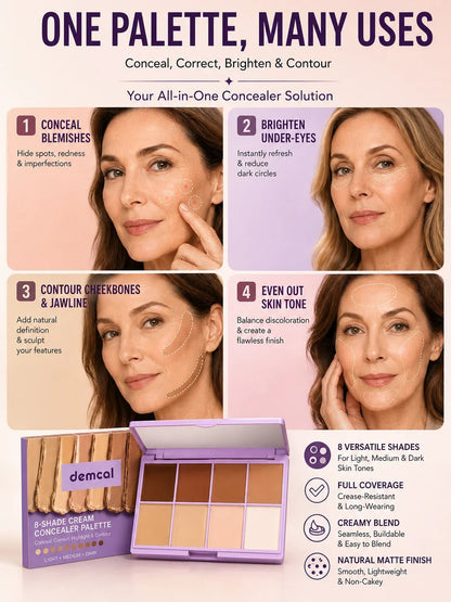 💄 Beauty Must-Have ✨ 8-Color Cream Concealer Palette for Full Coverage, Color Correction & Contouring