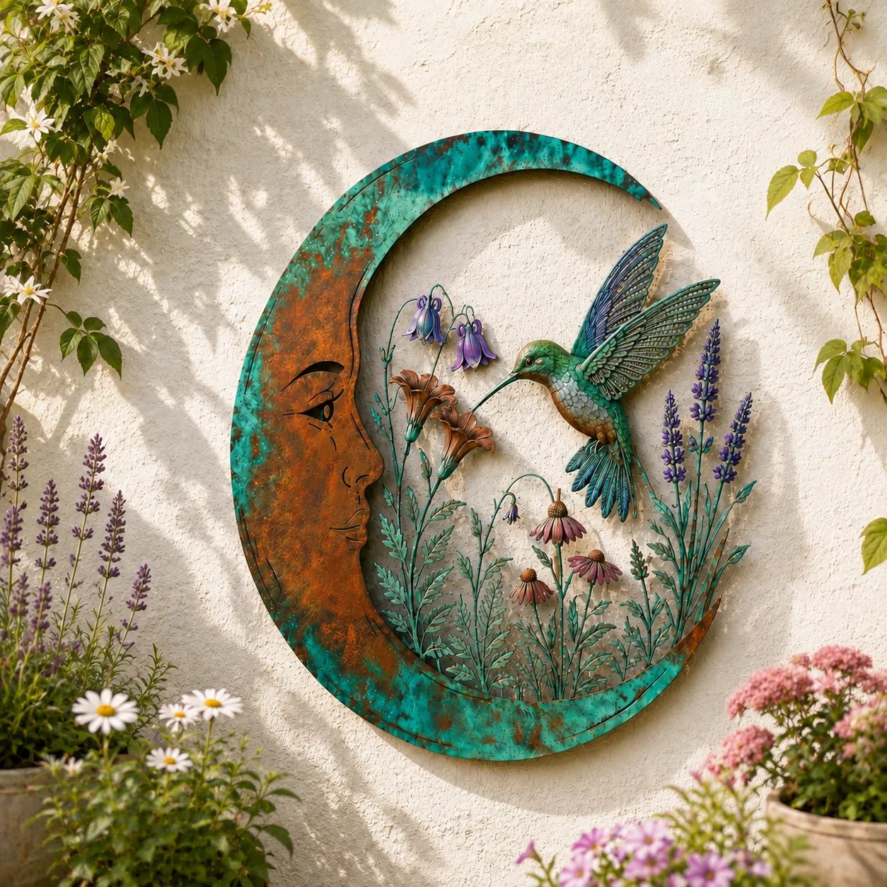 🌙 Crescent Moon Marian Botanical Metal Wall Art | Layered Virgin Mary, Raised Roses & Stars with Turquoise Patina and Copper-Tone Finish ✨