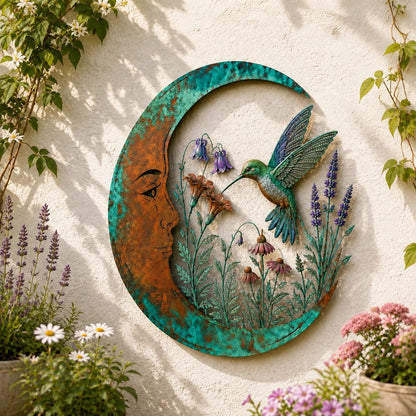 🌙 Crescent Moon Marian Botanical Metal Wall Art | Layered Virgin Mary, Raised Roses & Stars with Turquoise Patina and Copper-Tone Finish ✨