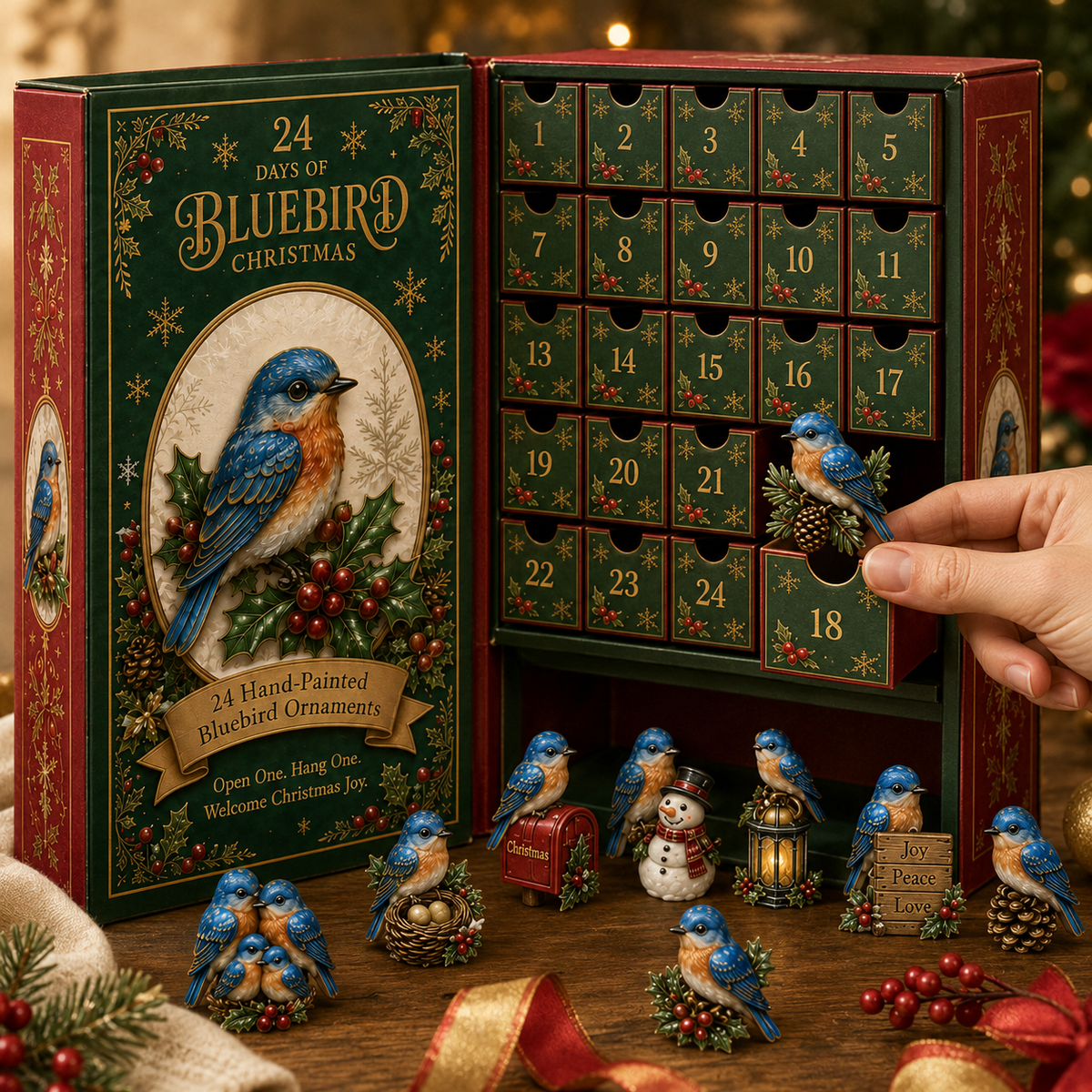 24-Day Bluebird Advent Calendar | Hand-Painted Ornament Countdown Gift