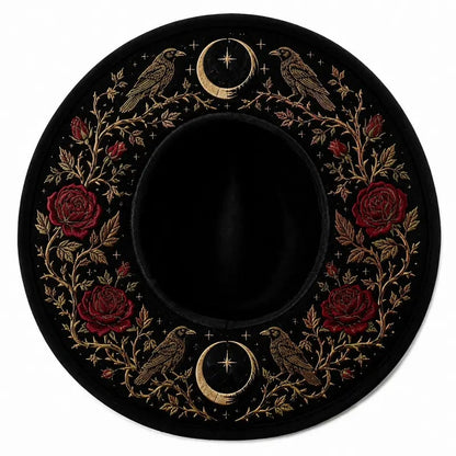 🖤 Gothic Embroidered Wide Brim Fedora Hat | Black Felt Design with Detailed Underside Embroidery in 7 Witchy, Celestial & Halloween Styles 🌙