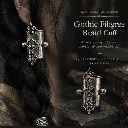 🖤 Gothic Filigree Hair Cuffs | 2-Piece Antique Silver Braid Set
