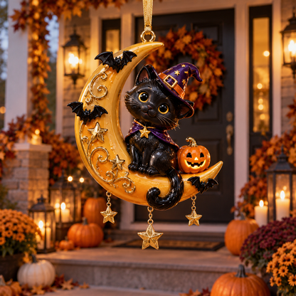 Black Cat Crescent Moon Halloween Ornament -  Spooky-Cute Hanging Keepsake Collection, Festive Halloween Gift for Cat Lovers & Family