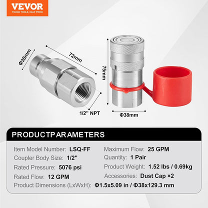 VEVOR 1/2" Flat Face Hydraulic Couplers, 1/2" NPT Skid Steer Hydraulic Quick Connect Couplers with 2 Dust Caps (ISO16028)