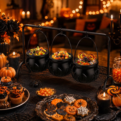 Halloween Caramel Apple Dip Station - Hanging Witch Cauldron & Ceramic Candlelit Fondue Warmer Set