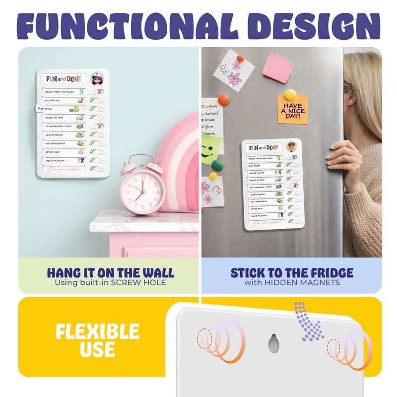 Magnetic Kids Chore Chart - Daily Routine Chart with Checklist, Stickers, Plastic Icons & Visual Task System