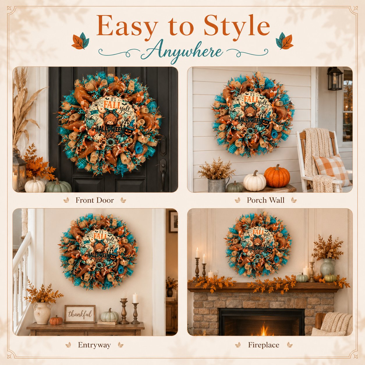 🐮🍂 Highland Cow Fall Halloween Wreath – Cozy Autumn Front Door Decor with Teal & Orange Buffalo Plaid Design for Thanksgiving, Harvest & Spooky Season 🚪🎁