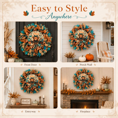 🐮🍂 Highland Cow Fall Halloween Wreath – Cozy Autumn Front Door Decor with Teal & Orange Buffalo Plaid Design for Thanksgiving, Harvest & Spooky Season 🚪🎁