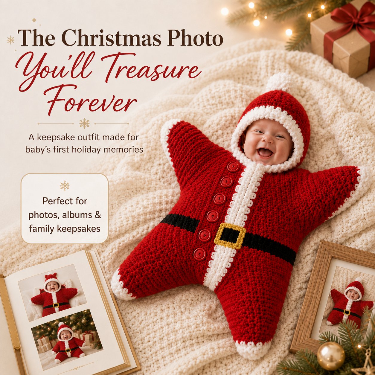 ⏳ Last Day 49% OFF – 🎅 Baby’s First Christmas Keepsake Star Outfit | One Size Fits Most Babies, Soft Knitted Santa Cocoon with Front Button Opening for Holiday Photos ✨