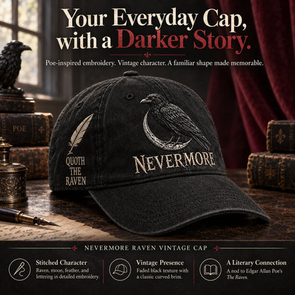 🐦 NEVERMORE Raven Gothic Cap – Premium Embroidered Literary Cap | Full Embroidery • Adjustable Fit • Vintage Black Style 🌙