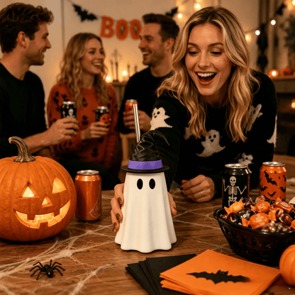 👻 Halloween Ghost Witch Hat Cup – Spooky Drink Bottle Holder with Straw 🎃