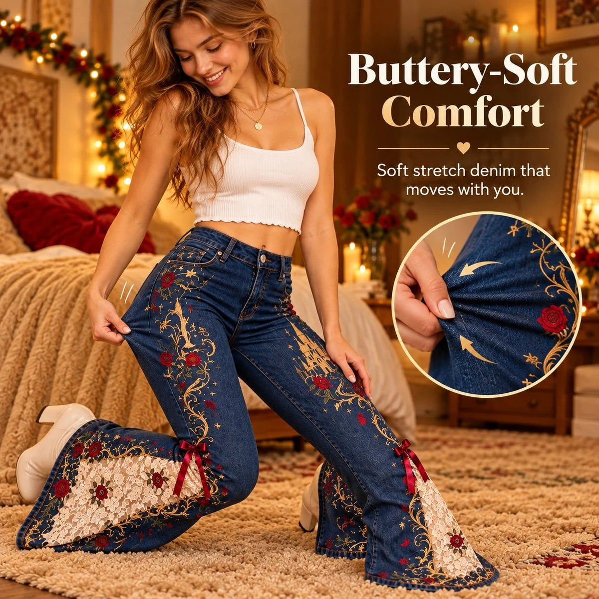 ⏳ Last Day 49% OFF – 🌹 Vintage Embroidered Flare Jeans | High-Rise Stretch Denim with Lace Panels & Floral Details ✨
