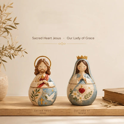 🌟 Divine Grace Collection: Hand-Painted Sacred Heart Jesus & Blessed Mary Keepsake Box