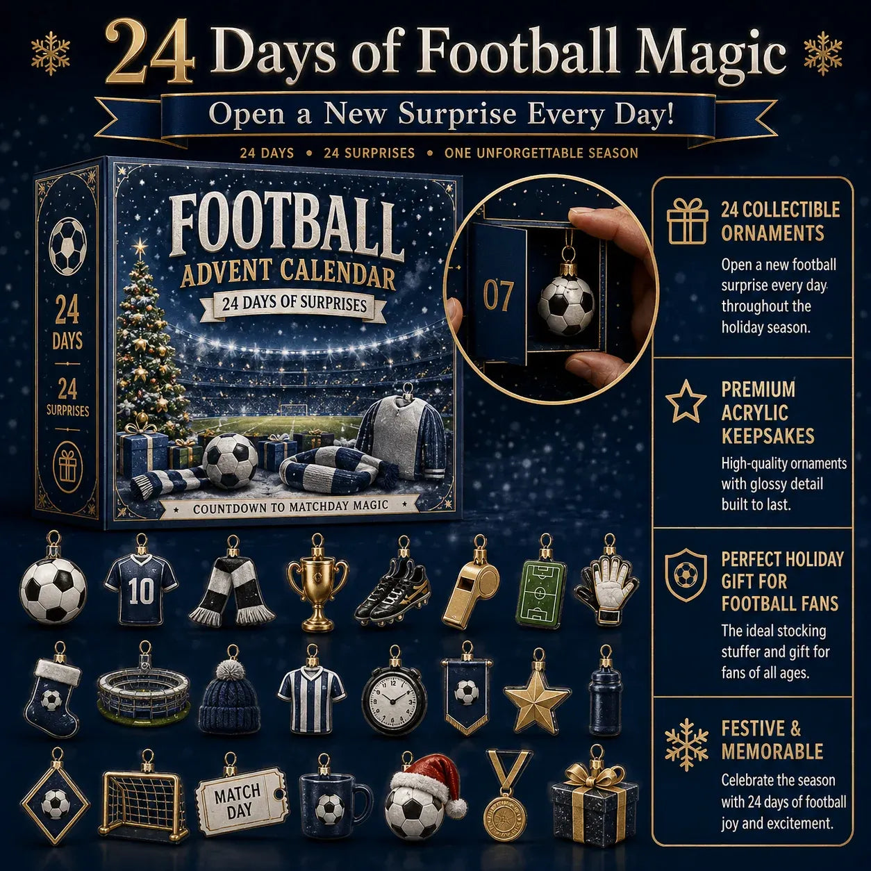 ⏳ Last Day 49% OFF – ⚽ Football Christmas Advent Calendar | 24 Collectible Acrylic Ornaments for Fans, Families & Holiday Displays 🎄