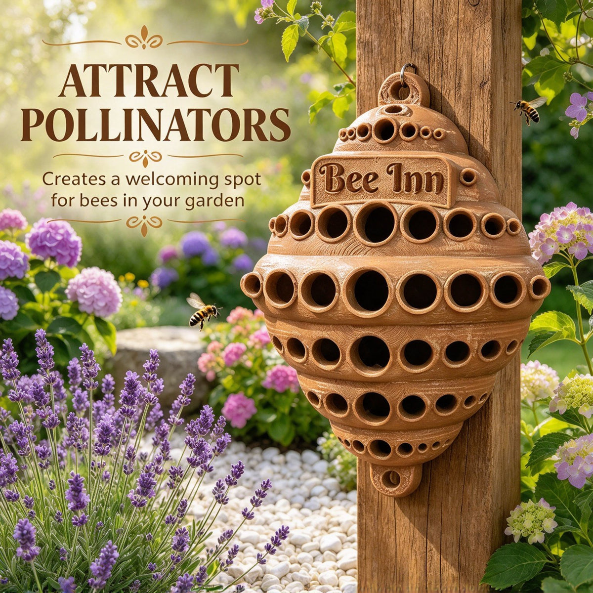 🐝 Bee Inn Hanging Bee Hotel | Rustic Solitary Bee House Pollinator Nesting Shelter for Garden Decor