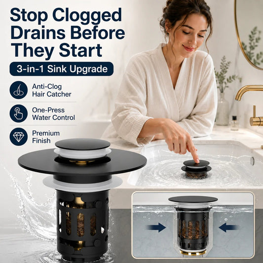 🛁3-in-1 Bathroom Sink Drain Strainer with Hair Catcher & Pop-Up Stopper