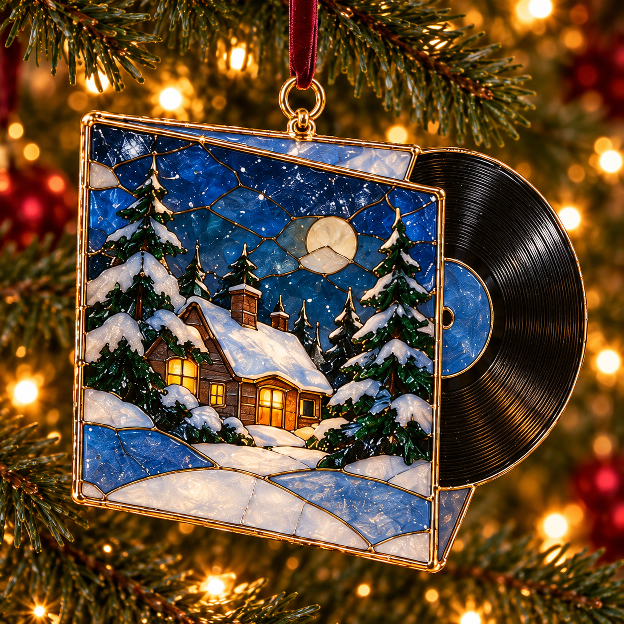 Snowy winter cottage vinyl record sleeve ornament