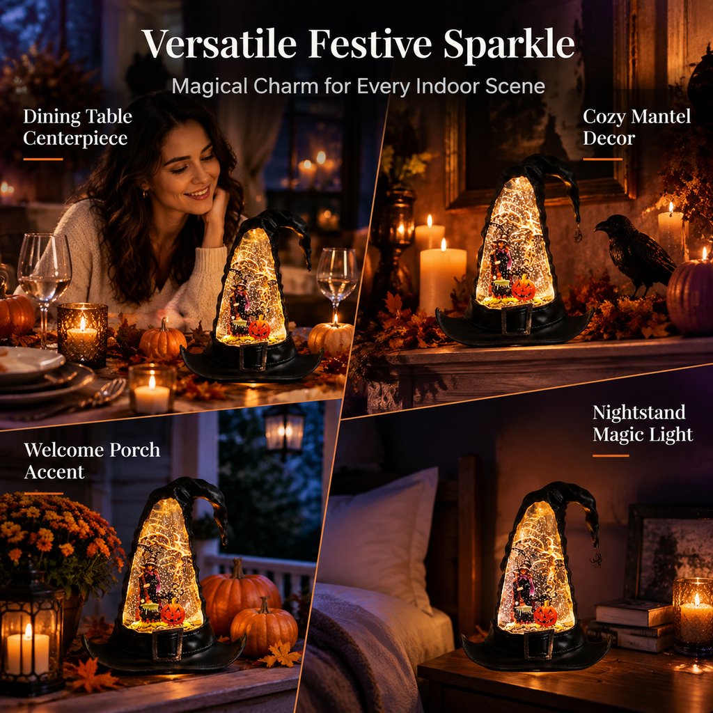 Halloween Witch Hat Lighted Water Lantern with Glitter Swirl and Festive LED Glow