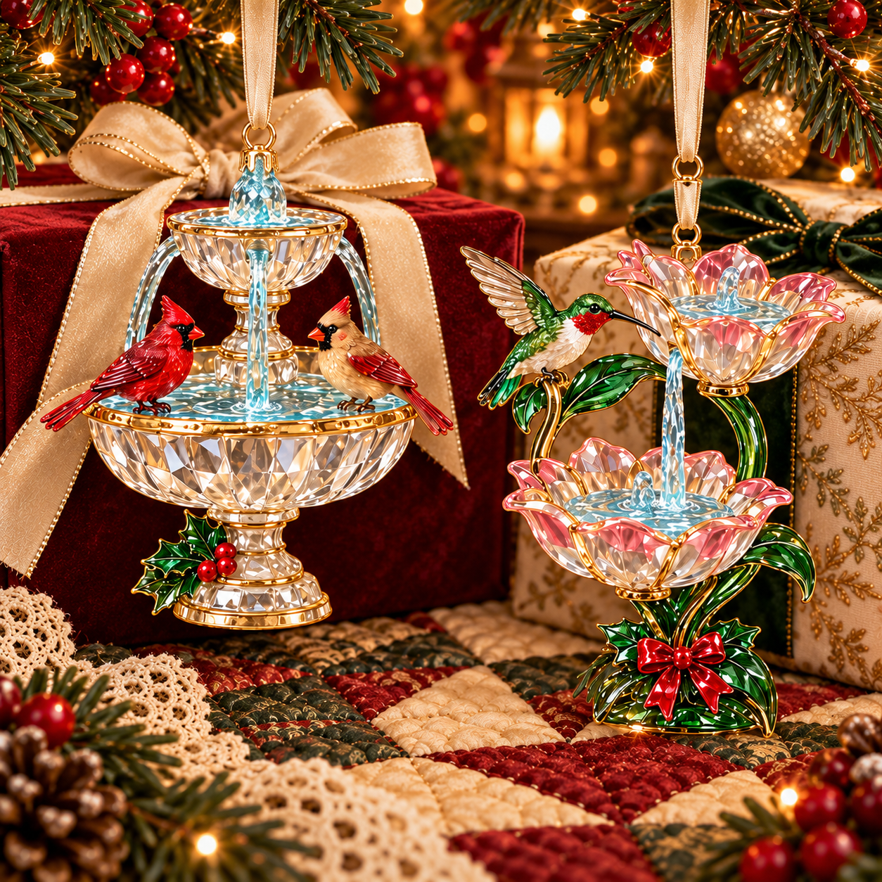 Crystal style cardinal birdbath fountain and hummingbird lotus ornaments with delicate decorative details