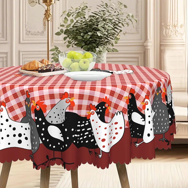 🔥HOT SALE🔥🐓 Farmhouse Rooster Tablecloth – Red Buffalo Plaid Chicken Table Cover, Spill Proof & Scalloped Lace Edge ✨