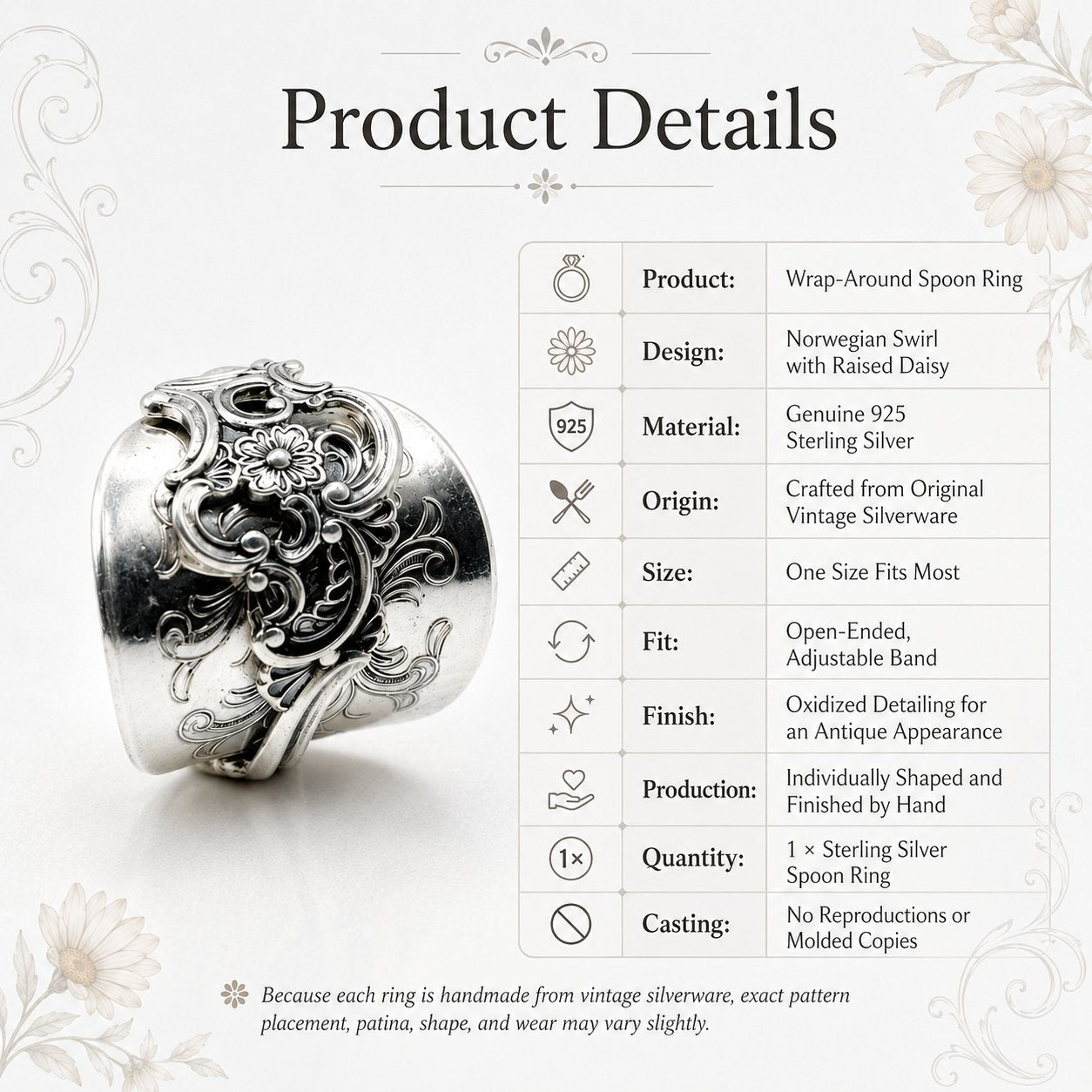 ✨ Handmade Adjustable Sterling Silver Spoon Ring – Norwegian Swirl with Daisy Design, Crafted from Vintage Silverware