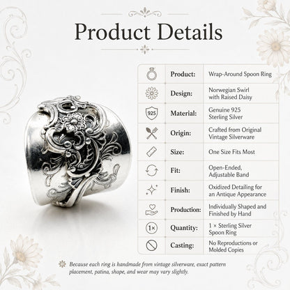 ✨ Handmade Adjustable Sterling Silver Spoon Ring – Norwegian Swirl with Daisy Design, Crafted from Vintage Silverware