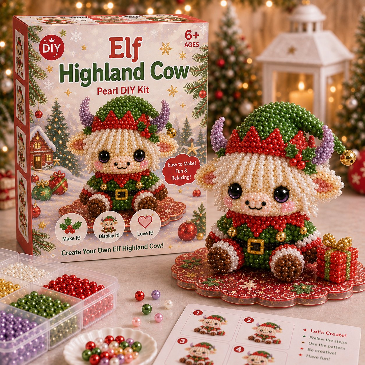 ⏳ Last Day 49% OFF – 🎄Beginner-Friendly Christmas Highland Cow 3D Pearl Bead DIY Kit | Complete Kit with All Tools & Step-by-Step Guide Included 💕